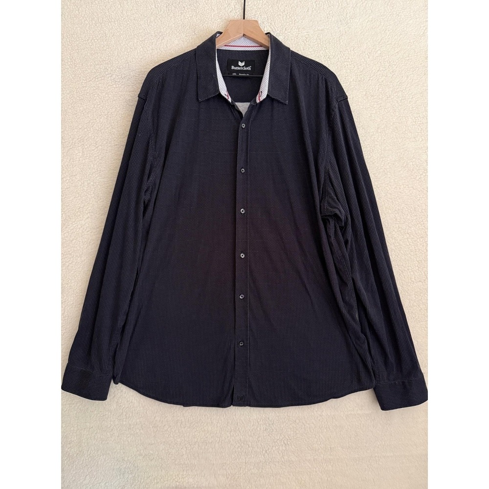 Buttercloth Dress Shirt Mens 2XL Black Polka Dot Regular Fit Long Sleeve